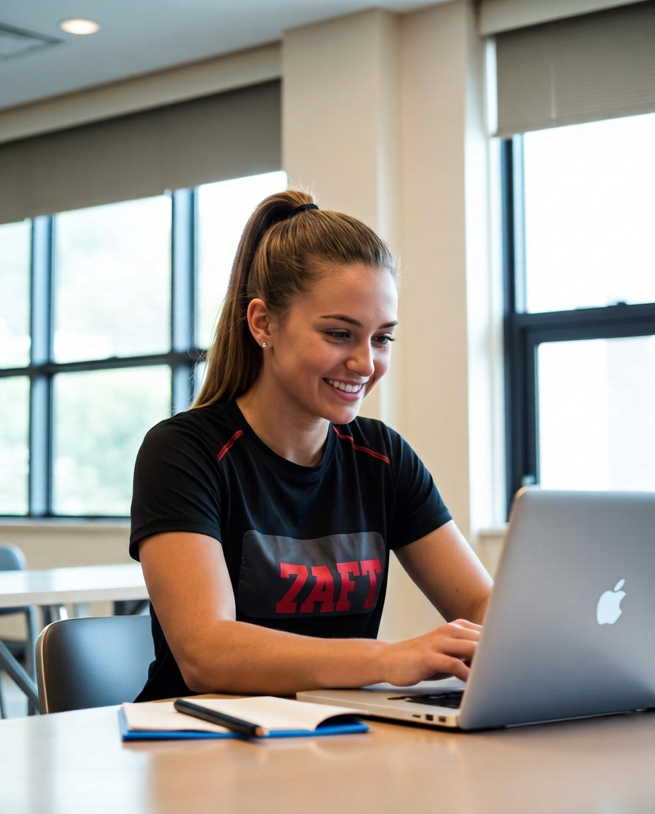 Student-athlete studying on a laptop in a campus classroom